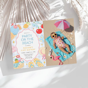 Coastal Beach Pastel Doodle Girls Birthday Photo Invitation