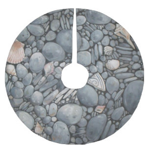 Coastal Beach Pebbles and Shells Painting Print Brushed Polyester Tree Skirt