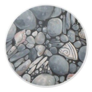 Coastal Beach Pebbles and Shells Painting Print Ceramic Knob