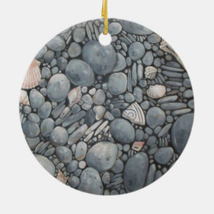 Coastal Beach Pebbles and Shells Painting Print Ceramic Tree Decoration