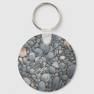Coastal Beach Pebbles and Shells Painting Print Key Ring
