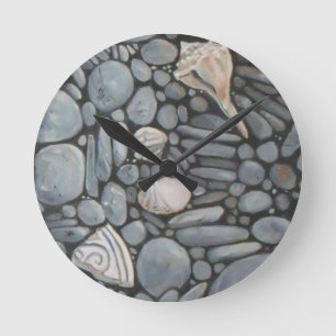 Coastal Beach Pebbles and Shells Painting Print Round Clock