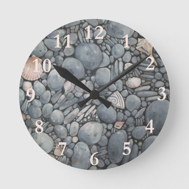 Coastal Beach Pebbles and Shells Painting Print Round Clock (Front)