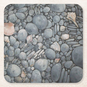 Coastal Beach Pebbles and Shells Painting Print Square Paper Coaster