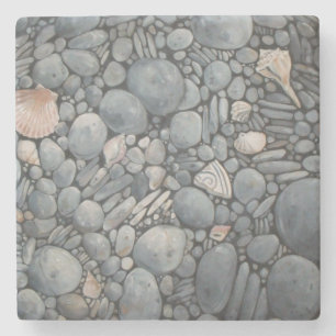 Coastal Beach Pebbles and Shells Painting Print Stone Coaster