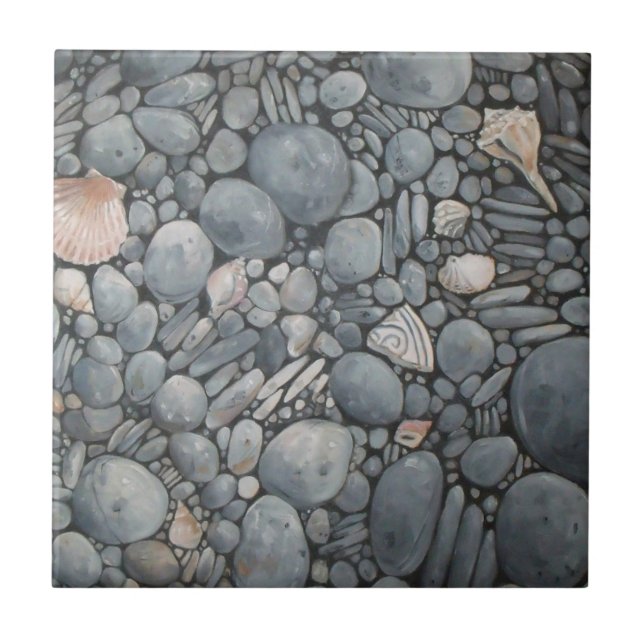 Coastal Beach Pebbles and Shells Painting Print Tile (Front)