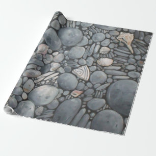Coastal Beach Pebbles and Shells Painting Print Wrapping Paper