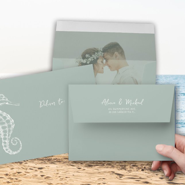 Coastal beach photo liner sage green wedding  envelope (Creator Uploaded)