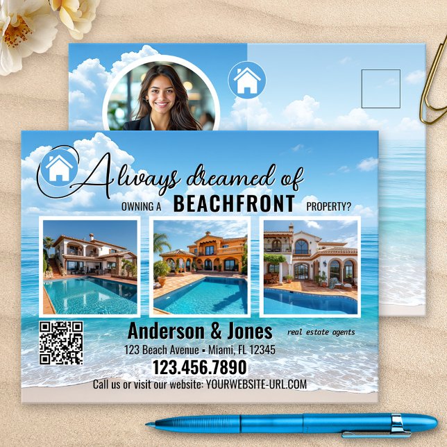 Coastal Beach Photo Real Estate Postcard (Real Estate marketing postcard featuring a beach with 3 of your listings, photo, logo and QR code)