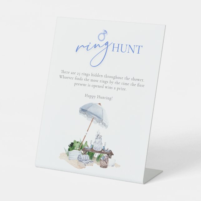 Coastal Beach Picnic Bridal Shower Ring Hunt Game Pedestal Sign (Front)