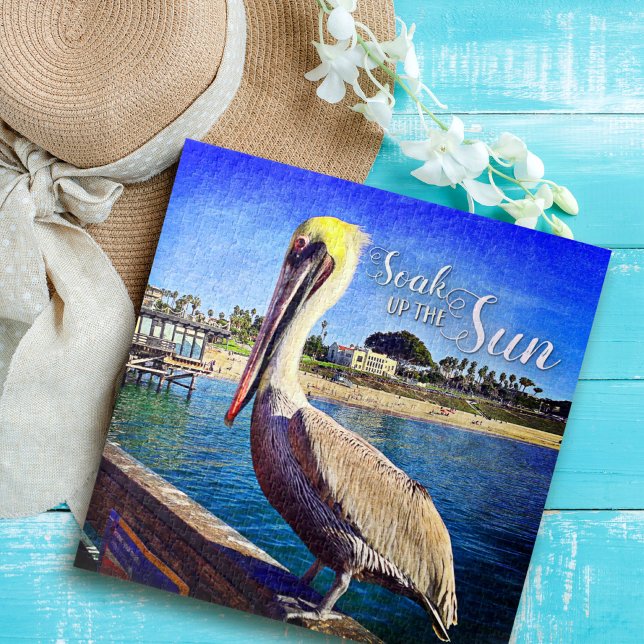 Coastal Beach Pier Pelican Bird Photo, Soak Up Sun Jigsaw Puzzle (Creator Uploaded)