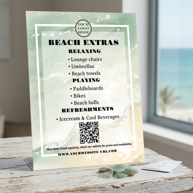 Coastal Beach Rental QR Code Pedestal Sign (Pedestal sign featuring an elegant soft seafoam watercolor design for beach rentals and refreshments)