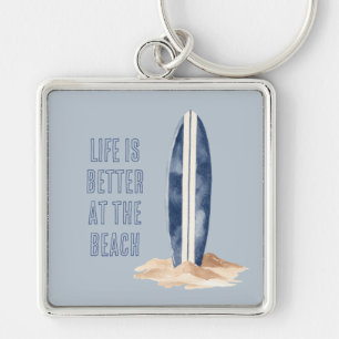 Coastal Beach Sand Blue White Surf Board Key Ring