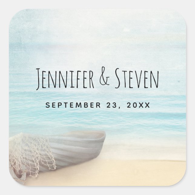 Coastal Beach Scene Wedding Save the Date Square Sticker (Front)