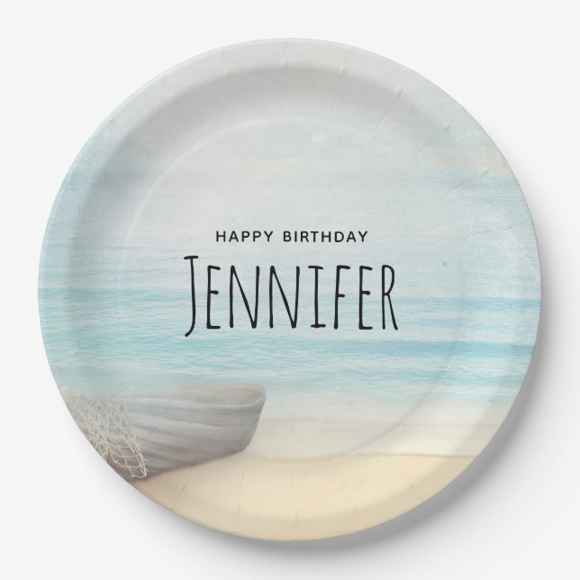 Coastal Beach Scene with a Fishing Boat Birthday Paper Plate (Front)