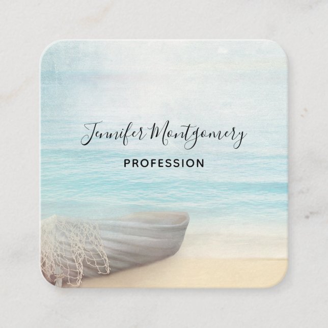 Coastal Beach Scene with a Fishing Boat Business C Square Business Card (Front)