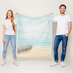Coastal Beach Scene with a Fishing Boat Fleece Blanket