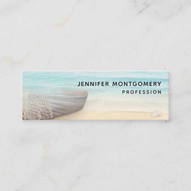 Coastal Beach Scene with Wood Rowboat Mini Busines Mini Business Card (Front)