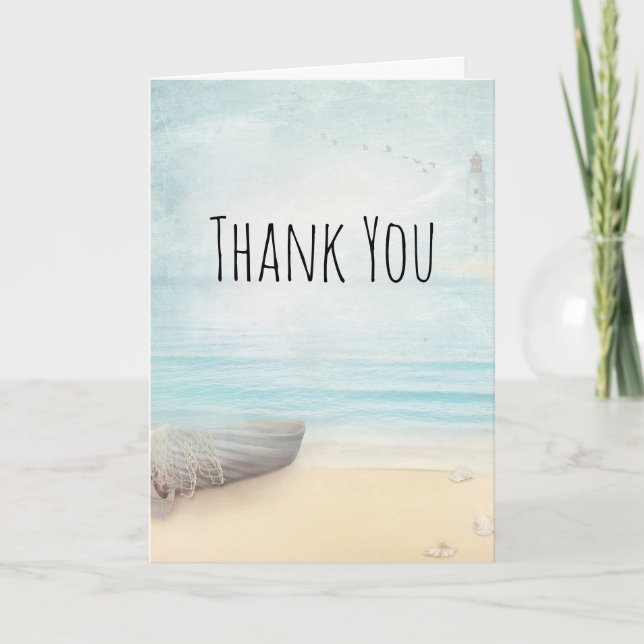 Coastal Beach Scene with Wood Rowboat Thank You Card (Front)