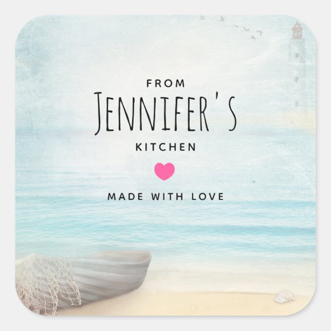 Coastal Beach Scene with Wooden Rowboat Kitchen Square Sticker (Front)