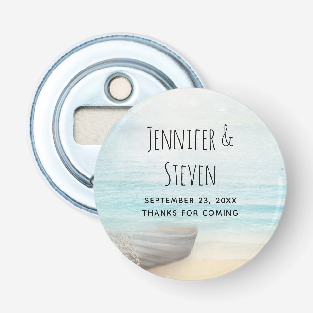 Coastal Beach Scene with Wooden Rowboat Wedding Bottle Opener (Front)