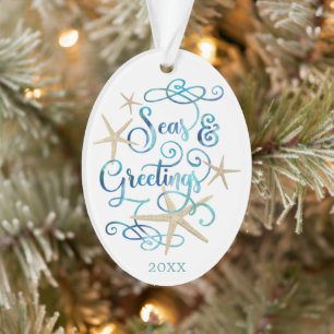 Coastal Beach Script SEAs & GREETINGS Photo Ornament