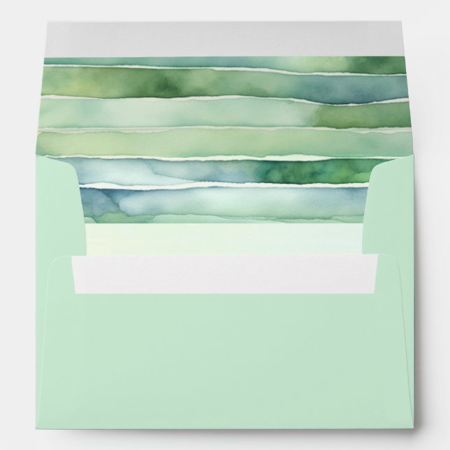 Coastal Beach Sea Green Tide Pool Stripes Wedding Envelope (Back (Bottom))