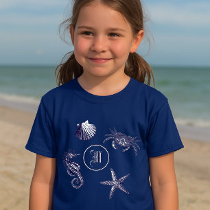 Coastal Beach Seahorse Starfish Crab Monogram T-Shirt