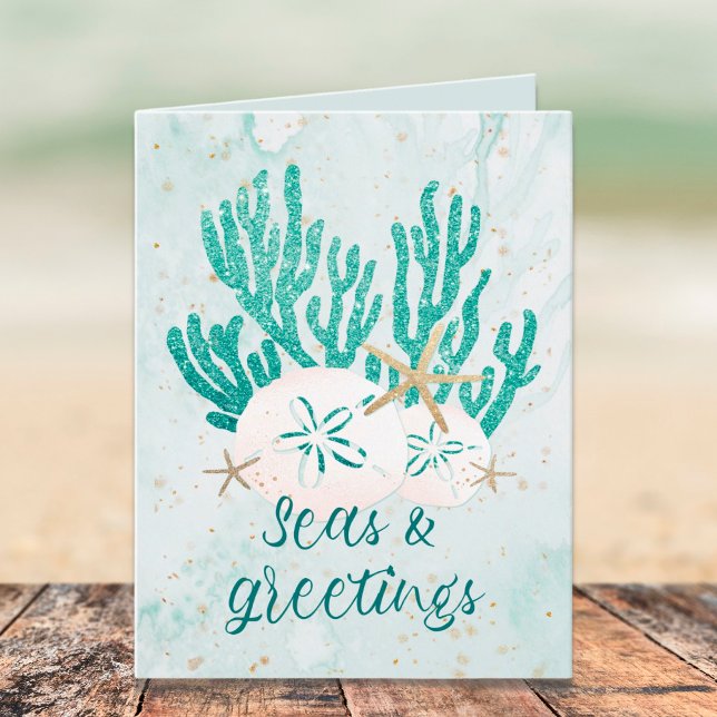 Coastal Beach SEAS & GREETINGS Turquoise Glitter Holiday Card (Creator Uploaded)