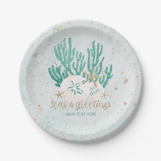 Coastal Beach SEAS & Greetings Turquoise Glitter Paper Plate (Front)