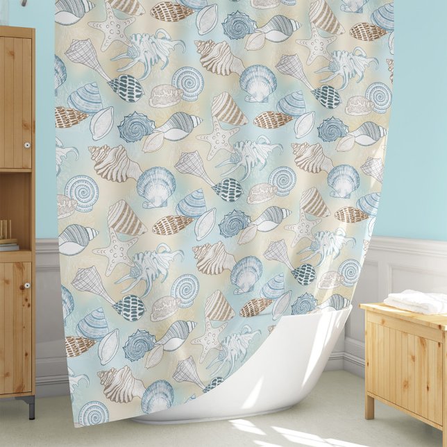 Coastal Beach Seashells Aqua Blue Brown Shower Curtain (Creator Uploaded)