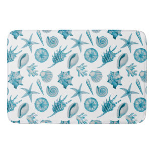 Coastal Beach Seashells Aqua Teal Blue Bath Mat