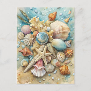 Coastal Beach Seashells Starfish Watercolor Art Postcard