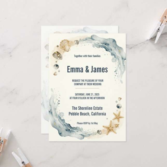 Coastal Beach Seashells Starfish Watercolour Invitation (Front/Back In Situ)
