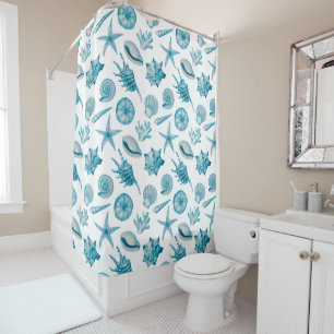 Coastal Beach Seashells Watercolor Aqua Teal Blue Shower Curtain