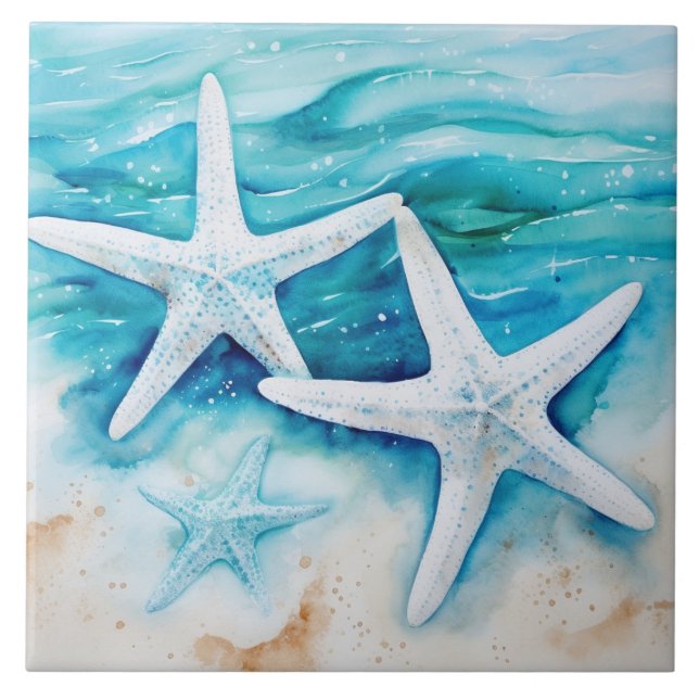Coastal Beach Starfish Watercolor Tile (Front)