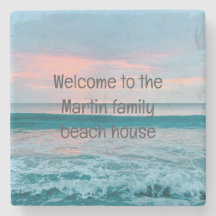 Coastal beach sunrise blue coaster personalised