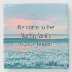 Coastal beach sunrise blue coaster personalised