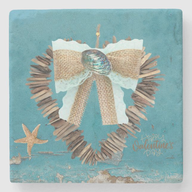 Coastal Beach Theme Driftwood Heart Valentine Day  Stone Coaster (Front)