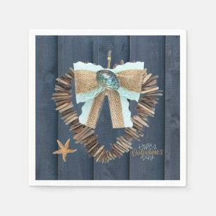 Coastal Beach Theme Driftwood Heart Valentines Day Napkin