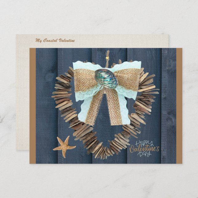 Coastal Beach Theme Driftwood Heart Valentines Day Postcard (Front/Back)