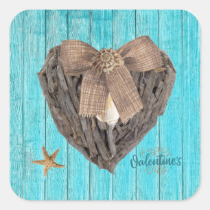 Coastal Beach Theme Driftwood Heart Valentines Day Square Sticker