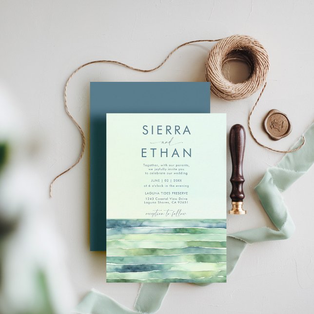 Coastal Beach Tide Pool Sea Modern Stripes Wedding Invitation (coastal wedding invitation rocky beach tide pool sea sage green navy stripes elegant modern romantic)