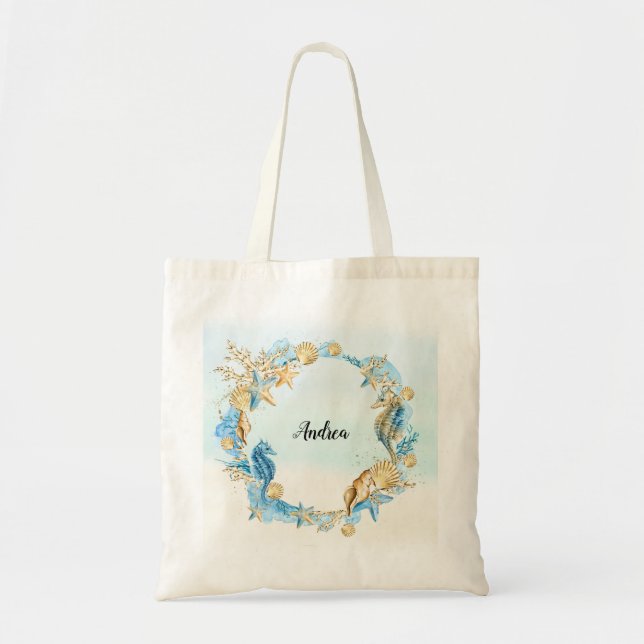 Coastal Beach Tote with Seashells, Starfish (Front)