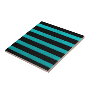 Coastal Beach Turquoise Wave Stripes On Black Tile