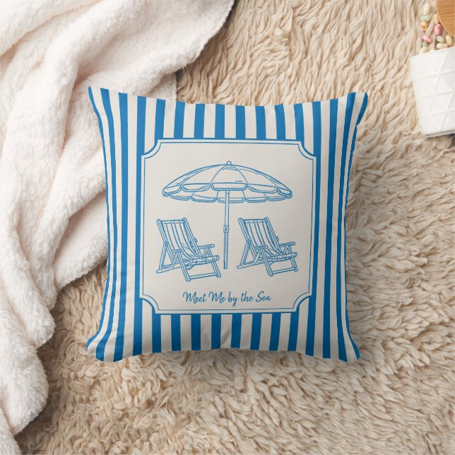 Coastal Beach Vibes Blue Stripes Cushion (Blanket)
