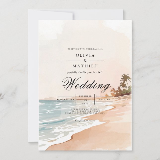 Coastal Beach Wash Romance Wedding Invitation (Front)