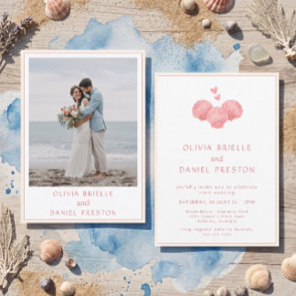 Coastal Beach Watercolor Pink Shells Wedding photo Invitation