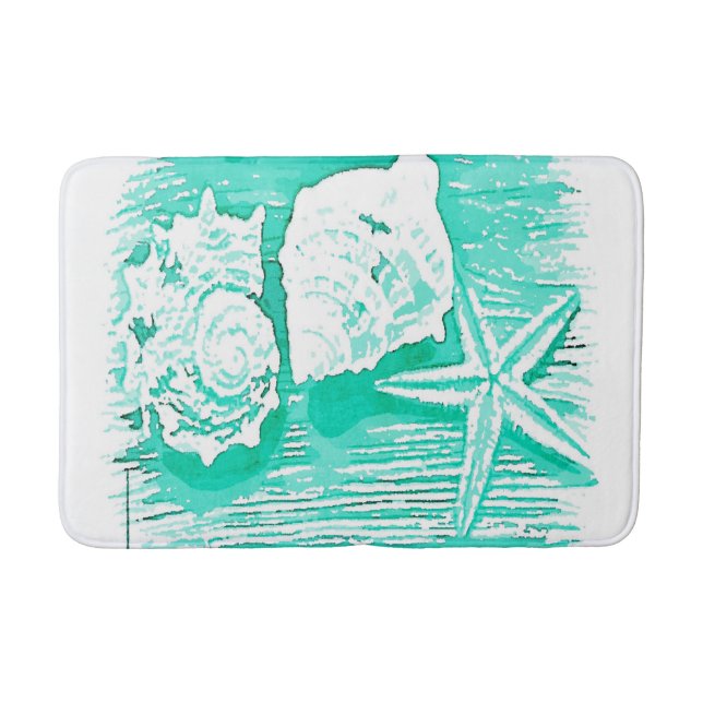 coastal beach watercolor teal seashell starfish bath mat (Front)