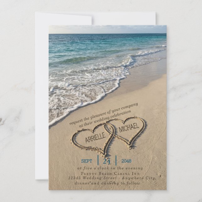 Coastal Beach Wedding Invite Heart in Sand (Front)